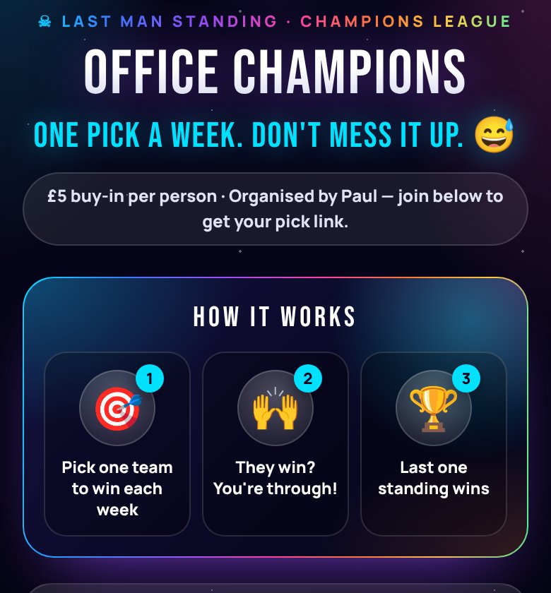 Last Man Standing join page in Champions League colours: how it works