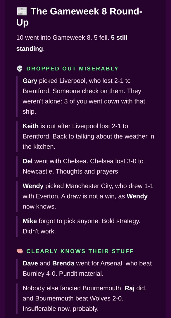 Last Man Standing gameweek round-up email: who dropped out and who knows their stuff